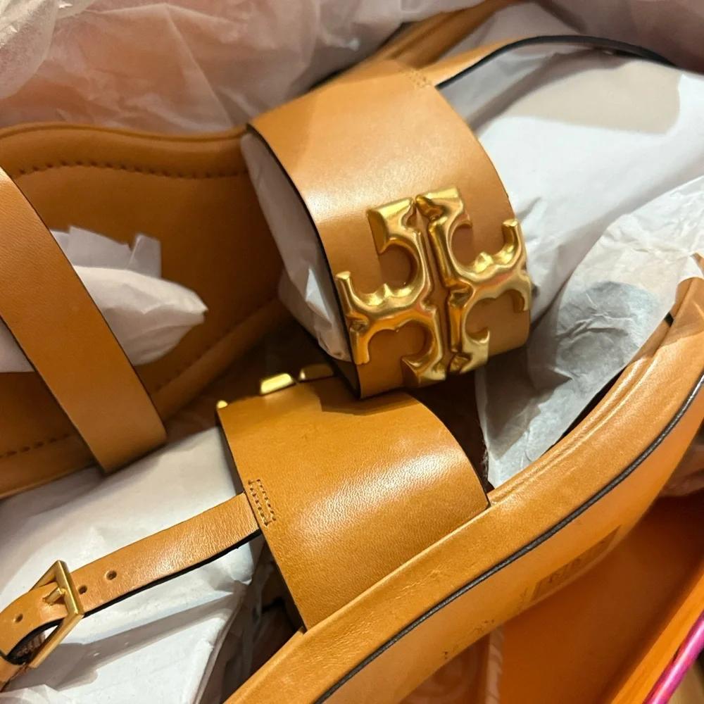 New in box Tory Burch ELEANOR HEEL SANDAL 55MM LEATHER size 11 BRANDY / GOLD 200